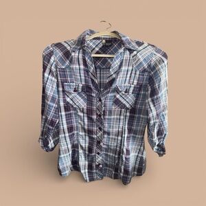 Passport Navy and Red Plaid Shirt 3/4 Sleeve Casual Western Blouse with Pockets